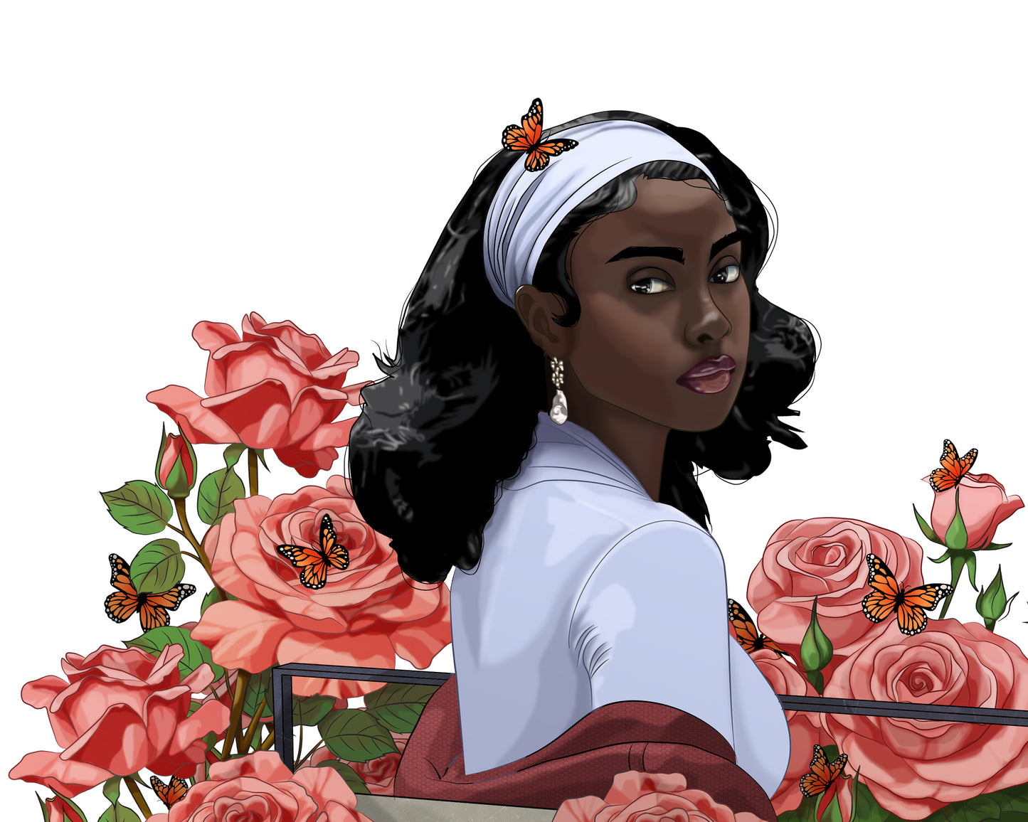 Illustration of a woman with flowers and butterflies