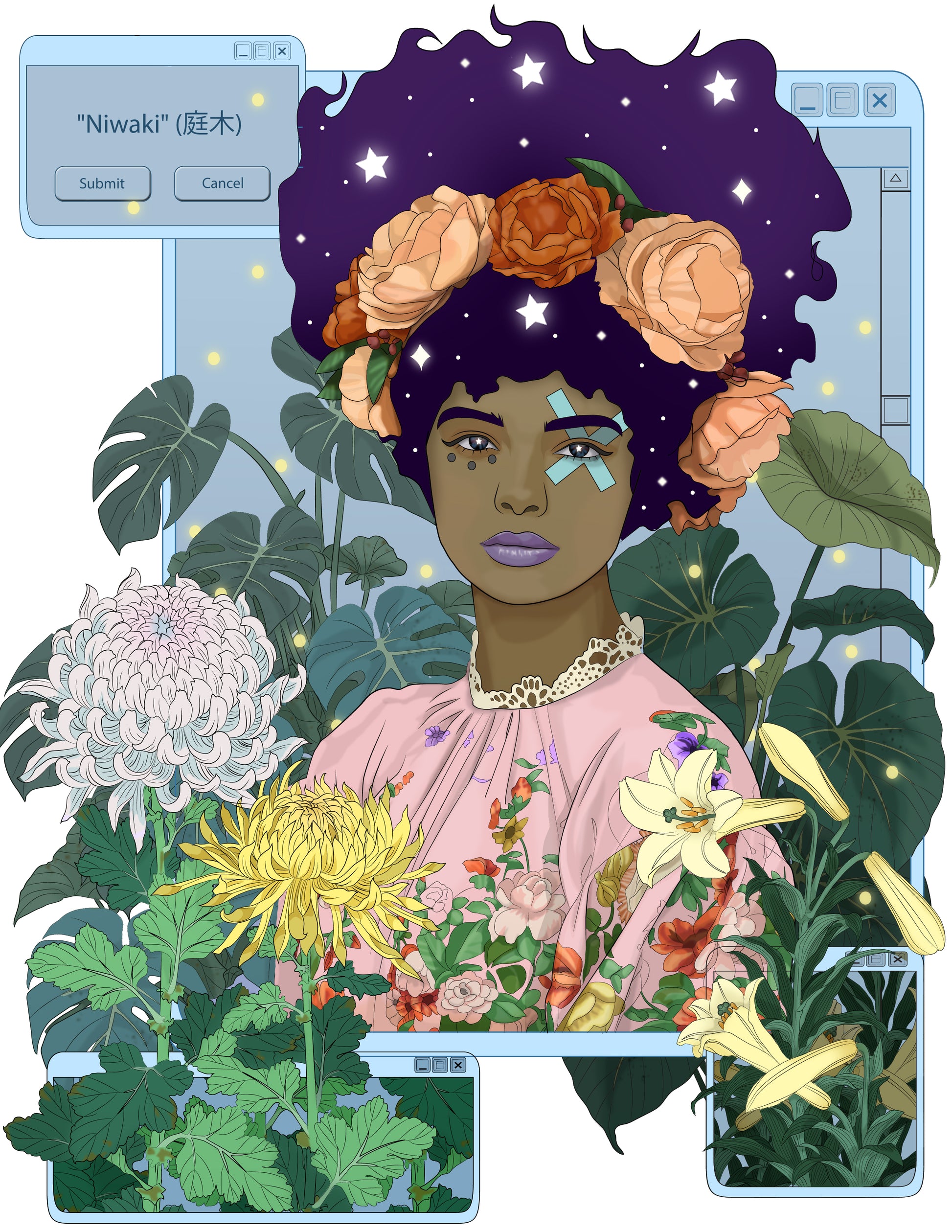 Illustration of a person with flowers in their hair surrounded by plants and computer interface elements.