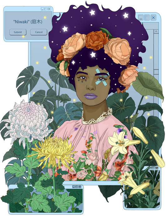 Illustration of a person with flowers in their hair surrounded by plants and computer interface elements.