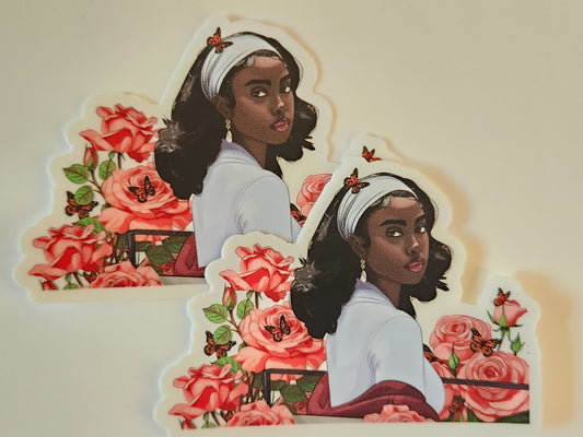 Two illustrated stickers of a woman with flowers and butterflies on a beige background